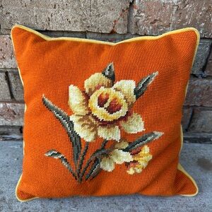 Vintage Needle Point Throw Pillow Daffodil Design Orange and Yellow 13”